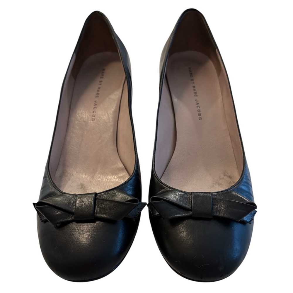 Marc by Marc Jacobs Black Leather Bow Kitten Heels Pumps Size 39 Preppy Vintage - Picture 3 of 7
